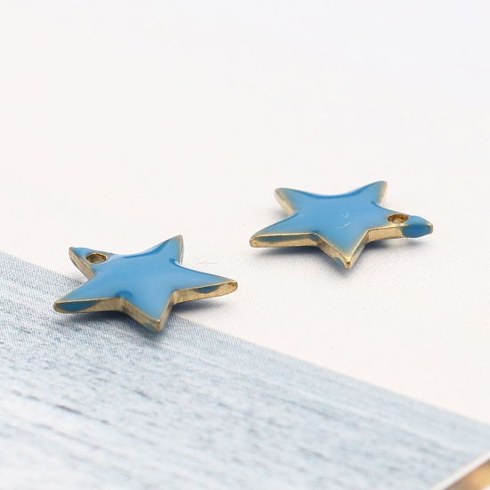Image de Breloques en Laiton Etoile Doré Bleu Email 12mm x 11mm, 10 Pcs