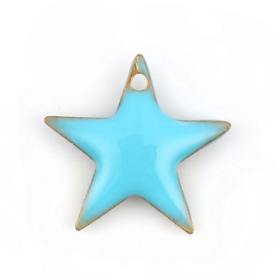 Image de Breloques en Laiton Etoile Doré Bleu Email 12mm x 11mm, 10 Pcs