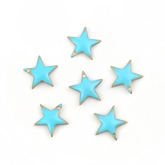 Image de Breloques en Laiton Etoile Doré Bleu Email 12mm x 11mm, 10 Pcs