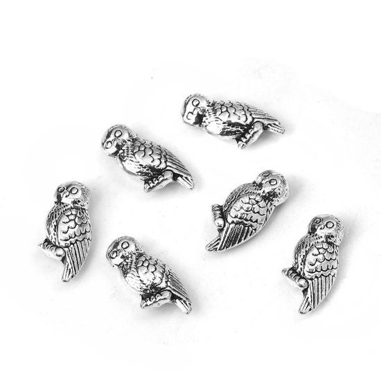 Picture of Zinc Based Alloy 3D Beads Owl Animal Antique Silver Color 16mm x 8mm, Hole: Approx 1.3mm, 50 PCs