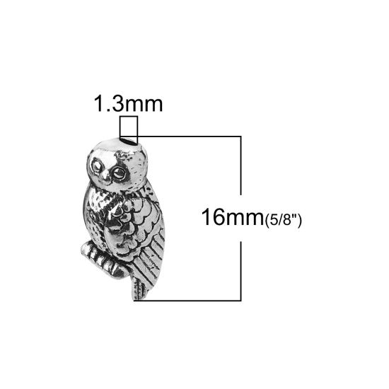 Picture of Zinc Based Alloy 3D Beads Owl Animal Antique Silver Color 16mm x 8mm, Hole: Approx 1.3mm, 50 PCs