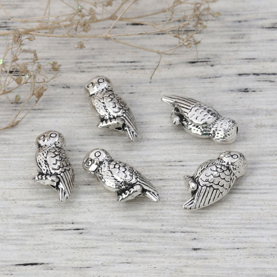 Picture of Zinc Based Alloy 3D Beads Owl Animal Antique Silver Color 16mm x 8mm, Hole: Approx 1.3mm, 50 PCs