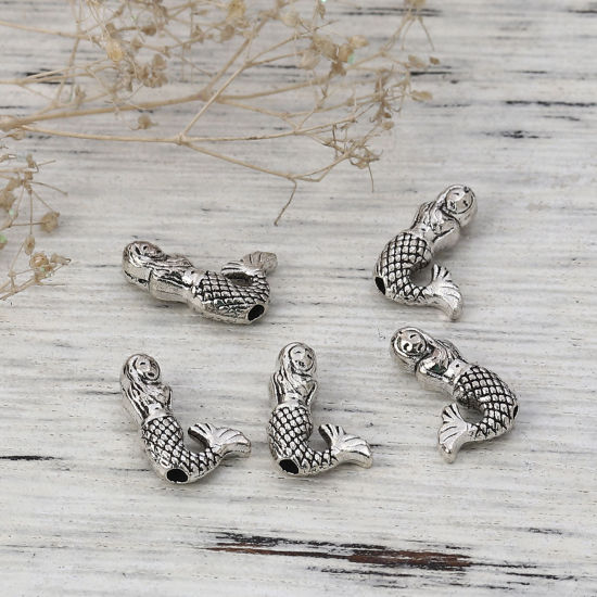 Picture of Zinc Based Alloy Spacer Beads Antique Silver Color Mermaid 13mm x 9mm, Hole: Approx 1.3mm, 100 PCs