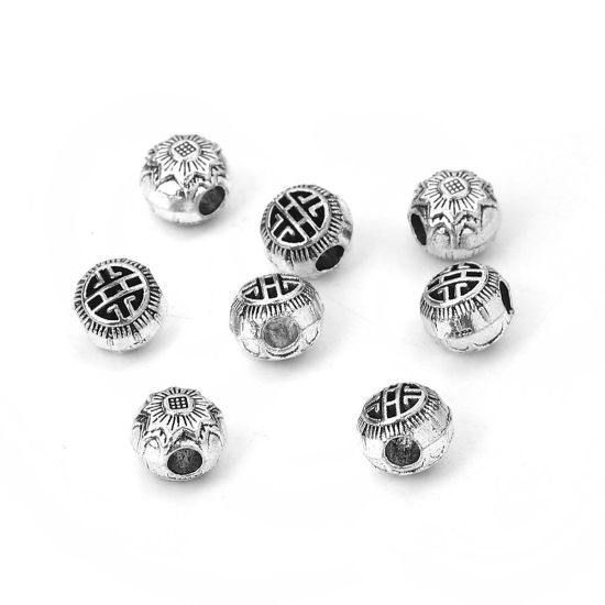 Immagine di Lega di Zinco Separatori Perline Tondo Argento Antico Fiore Scolpisce Circa 8mm x 7mm, Foro:Circa 2.5mm, 50 Pz