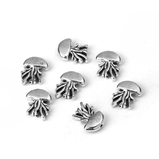亜鉛合金 スペーサー ビーズ クラゲ 銀古美 16mm x 12mm、 穴：約 1.2mm、 30 個 の画像