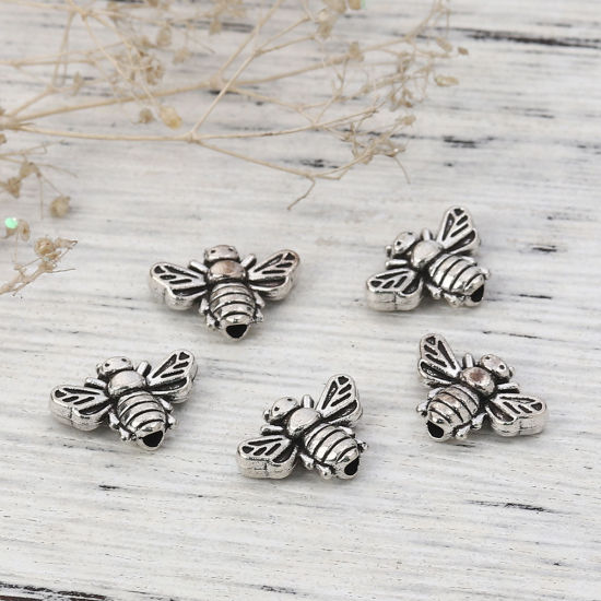Picture of Zinc Based Alloy Spacer Beads Bee Animal Antique Silver Color 13mm x 9mm, Hole: Approx 1.3mm, 100 PCs
