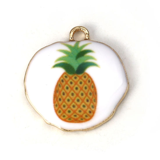 Image de Breloques en Alliage de Zinc Irrégulier Ananas Email Doré Blanc & Jaune 22mm x 21mm, 5 Pcs