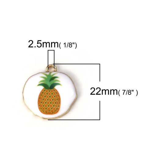 Image de Breloques en Alliage de Zinc Irrégulier Ananas Email Doré Blanc & Jaune 22mm x 21mm, 5 Pcs