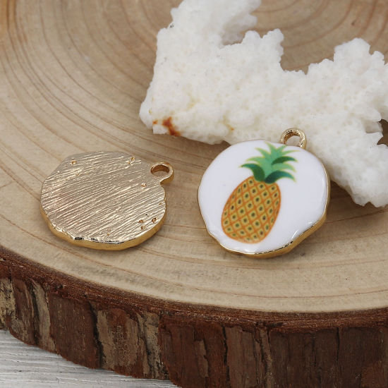 Image de Breloques en Alliage de Zinc Irrégulier Ananas Email Doré Blanc & Jaune 22mm x 21mm, 5 Pcs