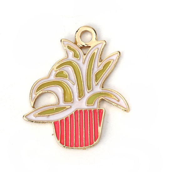 Picture of Zinc Based Alloy Charms Pot Plant Gold Plated Yellow Enamel 26mm(1") x 22mm( 7/8"), 5 PCs