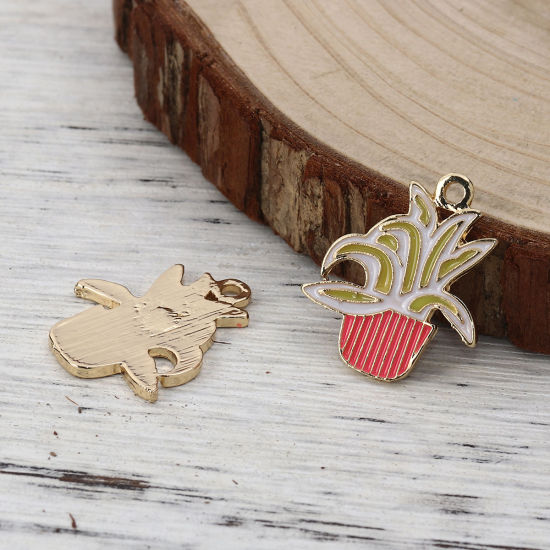 Picture of Zinc Based Alloy Charms Pot Plant Gold Plated Yellow Enamel 26mm(1") x 22mm( 7/8"), 5 PCs