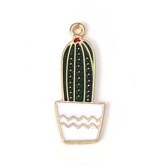 Picture of Zinc Based Alloy Pendants Cactus Gold Plated White & Green Enamel 32mm(1 2/8") x 13mm( 4/8"), 5 PCs