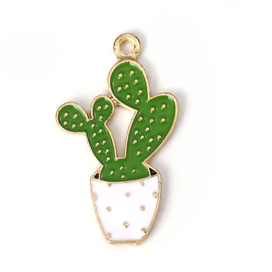 Picture of Zinc Based Alloy Pendants Cactus Gold Plated White & Green Enamel 35mm(1 3/8") x 20mm( 6/8"), 5 PCs