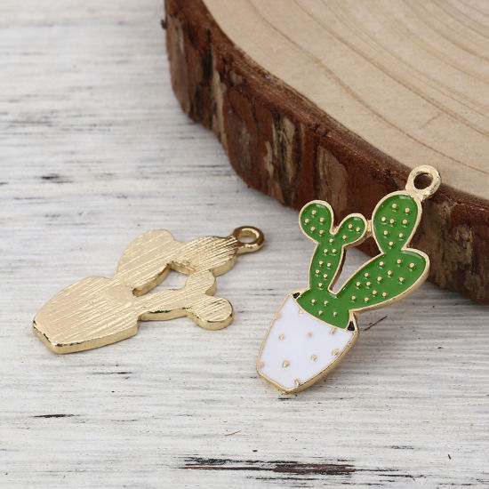 Picture of Zinc Based Alloy Pendants Cactus Gold Plated White & Green Enamel 35mm(1 3/8") x 20mm( 6/8"), 5 PCs