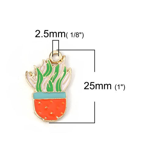 Picture of Zinc Based Alloy Charms Pot Plant Gold Plated Multicolor Enamel 25mm(1") x 16mm( 5/8"), 5 PCs