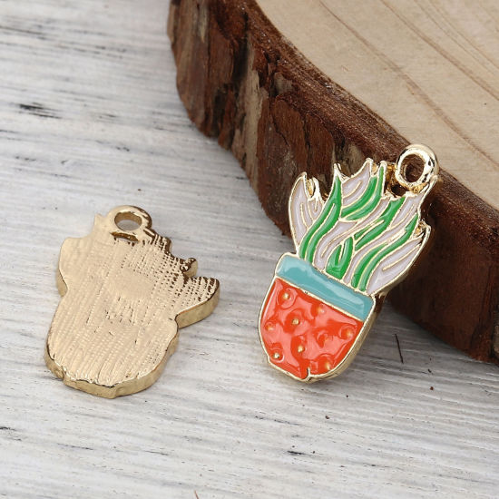 Picture of Zinc Based Alloy Charms Pot Plant Gold Plated Multicolor Enamel 25mm(1") x 16mm( 5/8"), 5 PCs