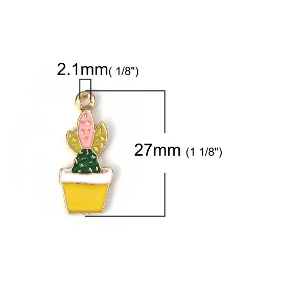 Picture of Zinc Based Alloy Charms Cactus Gold Plated Multicolor Enamel 27mm(1 1/8") x 12mm( 4/8"), 5 PCs