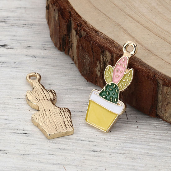 Picture of Zinc Based Alloy Charms Cactus Gold Plated Multicolor Enamel 27mm(1 1/8") x 12mm( 4/8"), 5 PCs