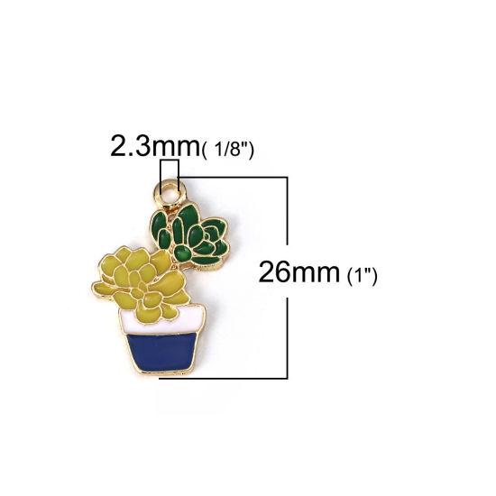 Picture of Zinc Based Alloy Charms Pot Plant Gold Plated Multicolor Flower Enamel 26mm(1") x 18mm( 6/8"), 5 PCs