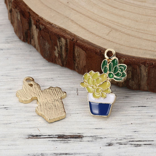 Picture of Zinc Based Alloy Charms Pot Plant Gold Plated Multicolor Flower Enamel 26mm(1") x 18mm( 6/8"), 5 PCs