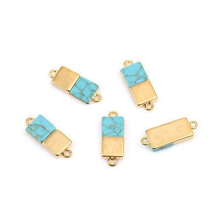 真鍮 + 樹脂 コネクター 長方形 18K金メッキ 緑青 模造ターコイズ 19mm x 7mm、 2 個