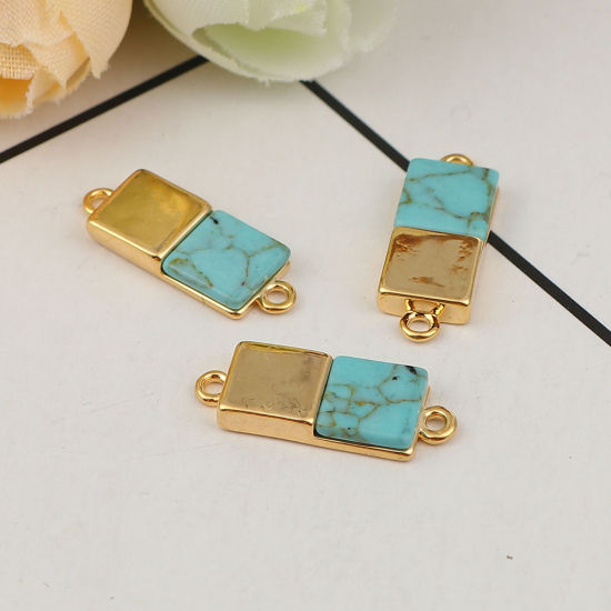 Изображение Латунь & Смола Коннекторы Прямоугольник 18K настоящее золото с покрытием Сине-зеленые Искусственный Говлит 19мм x 7мм, 2 ШТ