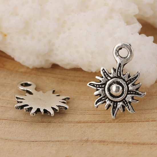 Image de Breloques Style Bohème en Alliage de Zinc Soleil Argent Vieilli 13mm x 10mm, 50 Pcs
