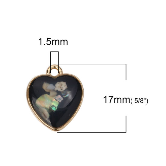 Picture of Zinc Based Alloy & Acrylic Charms Heart Gold Plated Black Shell AB Color 17mm( 5/8") x 14mm( 4/8"), 10 PCs