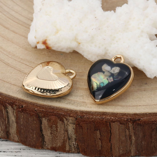 Picture of Zinc Based Alloy & Acrylic Charms Heart Gold Plated Black Shell AB Color 17mm( 5/8") x 14mm( 4/8"), 10 PCs