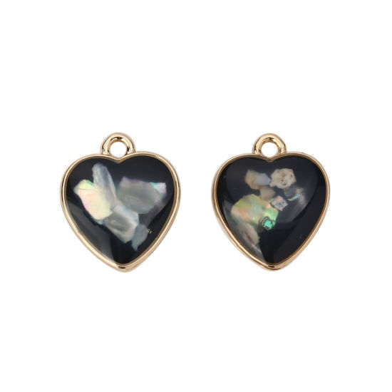 Picture of Zinc Based Alloy & Acrylic Charms Heart Gold Plated Black Shell AB Color 17mm( 5/8") x 14mm( 4/8"), 10 PCs