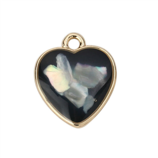 Picture of Zinc Based Alloy & Acrylic Charms Heart Gold Plated Black Shell AB Color 17mm( 5/8") x 14mm( 4/8"), 10 PCs