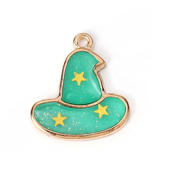 Picture of Zinc Based Alloy Halloween Charms Halloween Witch Gold Plated Green Hat Enamel Glitter 21mm( 7/8") x 19mm( 6/8"), 10 PCs