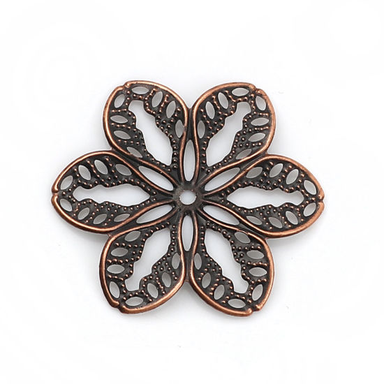 Picture of Iron Based Alloy Filigree Stamping Embellishments Flower Antique Copper 32mm(1 2/8") x 29mm(1 1/8"), 100 PCs