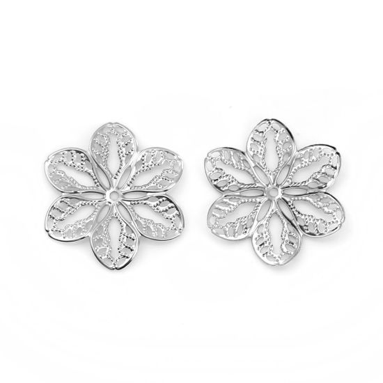 Picture of Iron Based Alloy Filigree Stamping Embellishments Flower Silver Tone 32mm(1 2/8") x 29mm(1 1/8"), 100 PCs