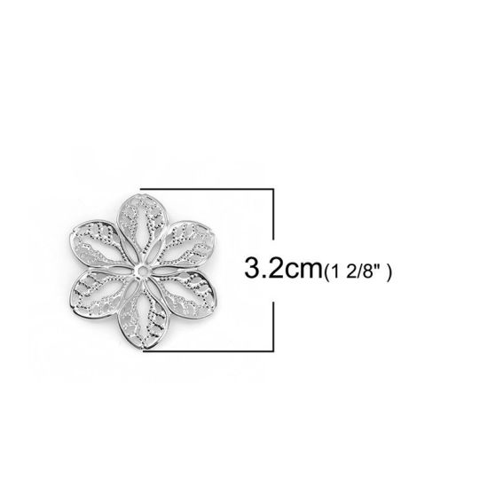 Picture of Iron Based Alloy Filigree Stamping Embellishments Flower Silver Tone 32mm(1 2/8") x 29mm(1 1/8"), 100 PCs