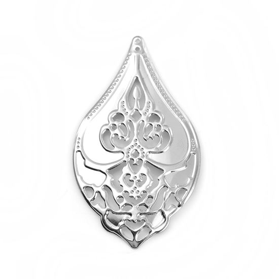 Bild von Eisenlegierung Filigran Stempel Verzierung Anhänger Tropfen Silberfarbe 70mm x 40mm, 30 Stück