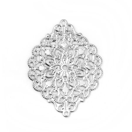 Picture of Iron Based Alloy Filigree Stamping Embellishments Rhombus Silver Tone 53mm(2 1/8") x 38mm(1 4/8"), 30 PCs