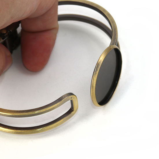 Picture of Brass Bangles Bracelets Round Antique Bronze Cabochon Settings (Fits 25mm Dia.) Can Open 20cm(7 7/8") long, 1 Piece                                                                                                                                           