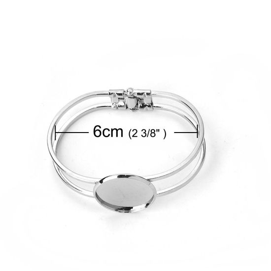 Picture of Brass Bangles Bracelets Round Silver Tone Cabochon Settings (Fits 25mm Dia.) Can Open 20cm(7 7/8") long, 1 Piece                                                                                                                                              