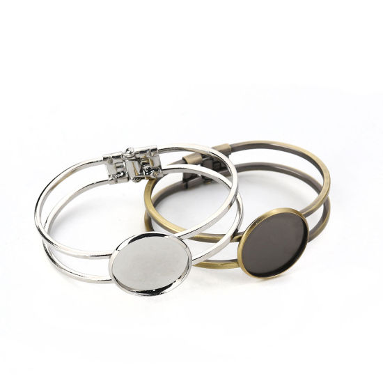 Picture of Brass Bangles Bracelets Round Silver Tone Cabochon Settings (Fits 25mm Dia.) Can Open 20cm(7 7/8") long, 1 Piece                                                                                                                                              