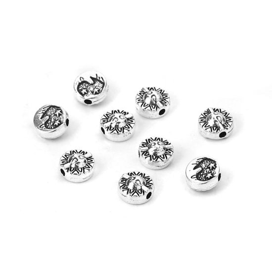Picture of Zinc Based Alloy Spacer Beads Round Antique Silver Color Sun And Moon Face 8mm x 7mm, Hole: Approx 1.4mm, 100 PCs