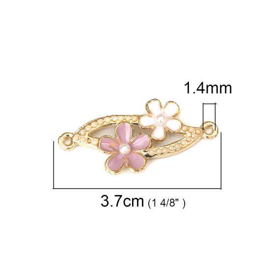 Picture of Zinc Based Alloy Connectors Marquise Gold Plated White & Pink Flower Imitation Pearl Enamel 37mm x 18mm, 5 PCs
