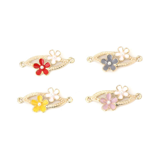 Picture of Zinc Based Alloy Connectors Marquise Gold Plated White & Pink Flower Imitation Pearl Enamel 37mm x 18mm, 5 PCs