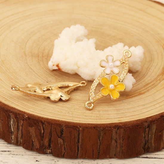 Picture of Zinc Based Alloy Connectors Marquise Gold Plated White & Yellow Flower Imitation Pearl Enamel 37mm x 18mm, 5 PCs