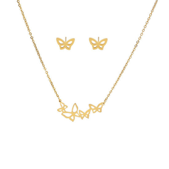 Picture of 316 Stainless Steel Jewelry Necklace Stud Earring Set Silver Tone Butterfly Animal 48cm(18 7/8") long, 9mm( 3/8") x 6mm( 2/8"), 1 Set”