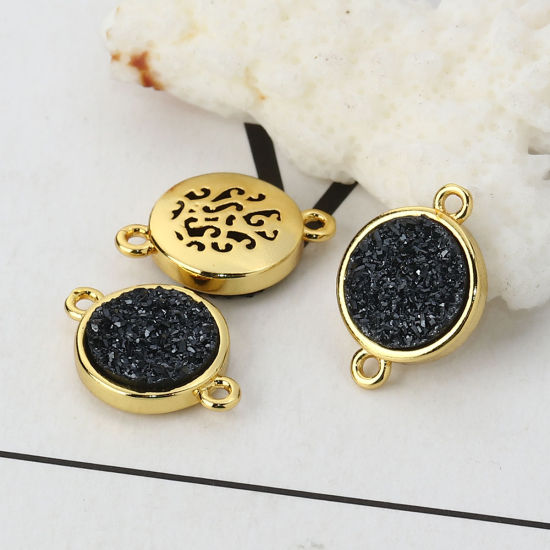 Picture of Brass & Synthetic Quartz Druzy/ Drusy Connectors Round Gold Plated Black 17mm x 12mm, 2 PCs                                                                                                                                                                   