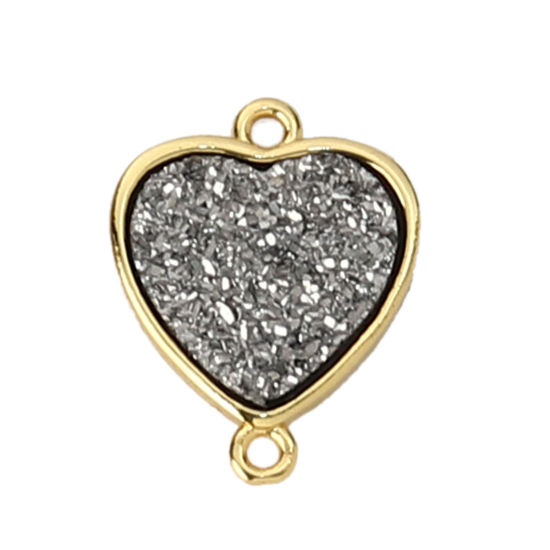Picture of Brass & Synthetic Quartz Druzy/ Drusy Connectors Heart Gold Plated Silver Color 18mm x 14mm, 2 PCs                                                                                                                                                            
