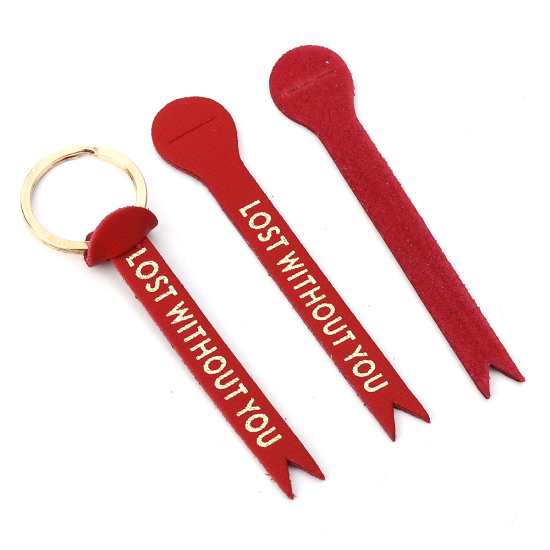 Picture of Real Leather Keychain & Keyring Findings Red Message " LOST WITHOUT YOU " 10.5cm(4 1/8") x 2cm( 6/8"), 1 Piece