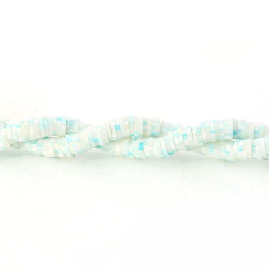 Picture of Polymer Clay Katsuki Beads Heishi Beads Disc Beads Round White & Blue About 6mm Dia, Hole: Approx 2.5mm, 40.5cm long, 3 Strands (Approx 326 PCs/Strand)