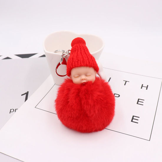 Bild von Plüsch Schlüsselkette & Schlüsselring Pompon Ball Rot Puppe 16cm x 8cm, 1 Stück